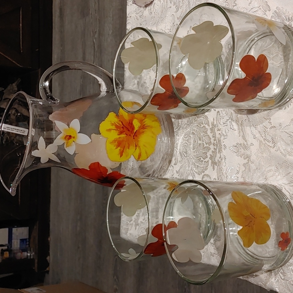 Flowered Pitcher and 3 Extra Lg Glasses